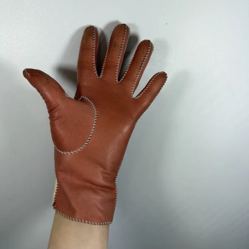 Vintage Kin Kid Leather Colorblock Gloves Ivory Orange Tablecut Size 6.5 1950s